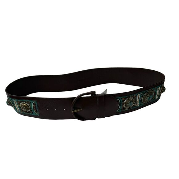 Chicos Caracas Slouch Belt Turquoise Leather Beaded Size Large - Picture 2 of 12